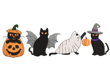 Halloween Black Cats Embroidery Design, Jack-O'-Lantern Halloween Embroidery Design, Spooky Pumpkin Faces and Bats