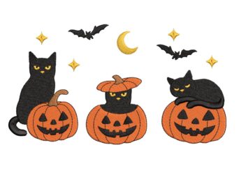Halloween Pumpkin Cats Embroidery Design, Jack-O'-Lantern Halloween Embroidery Design, Spooky Pumpkin Faces and Bats