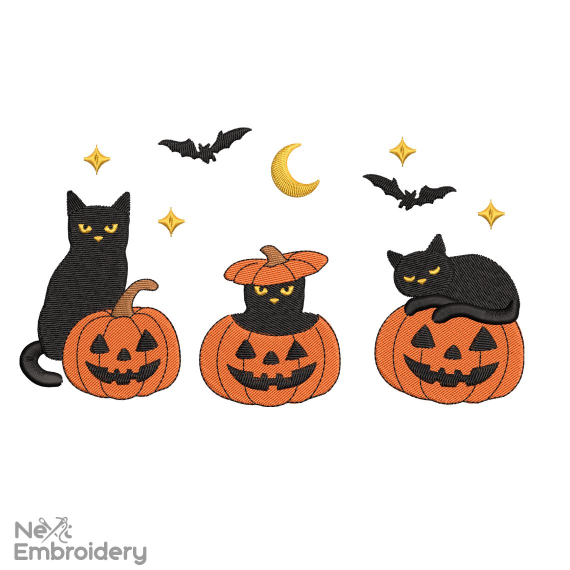 Halloween Pumpkin Cats Embroidery Design, Jack-O'-Lantern Halloween Embroidery Design, Spooky Pumpkin Faces and Bats