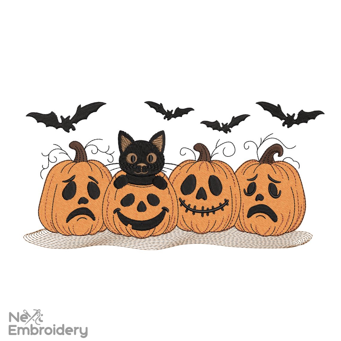 Halloween Pumpkins Black Cat Embroidery Design, Jack-O'-Lantern Halloween Embroidery Design, Spooky Pumpkin Faces and Bats