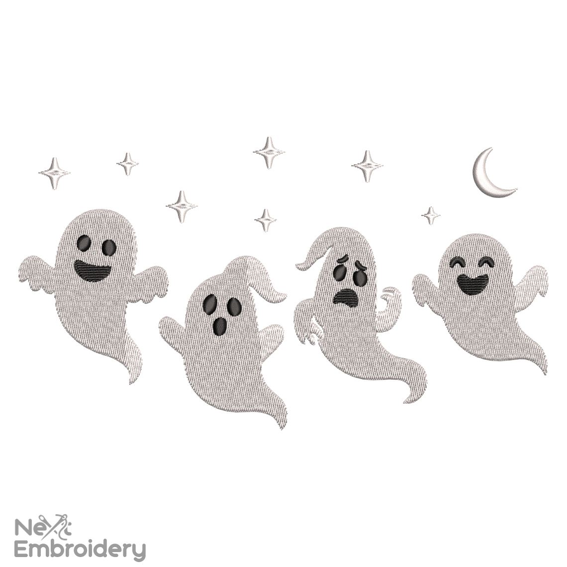 Halloween Silly Ghosts Dancing Under Crescent moon and stars. Halloween Cowboy Machine Embroidery, Halloween Cow Tee