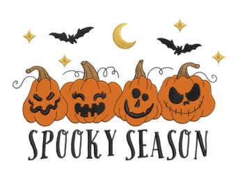 Halloween Spooky Season Embroidery Design, Cute and Spooky Jack-o'-Lanterns Machine Embroidery Pattern, Spooky Pumpkin Faces and Bats