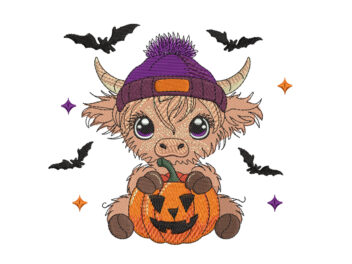 Halloween Highland Cow Pumpkin Embroidery Design. Cute Farm Animal embroidery design, Instant download