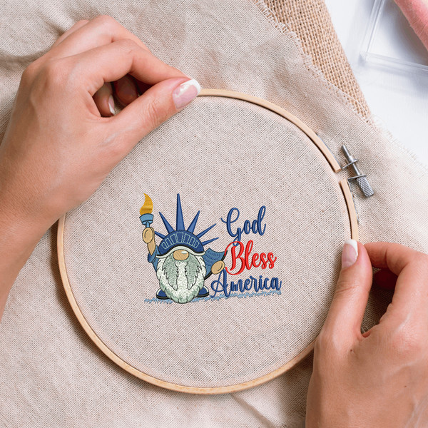 God Bless America Gnome Embroidery Design