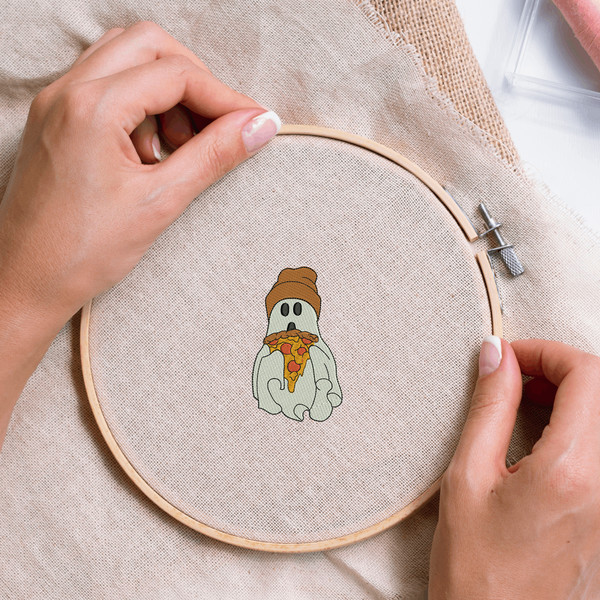 Ghost with Pizza Slice Embroidery Design