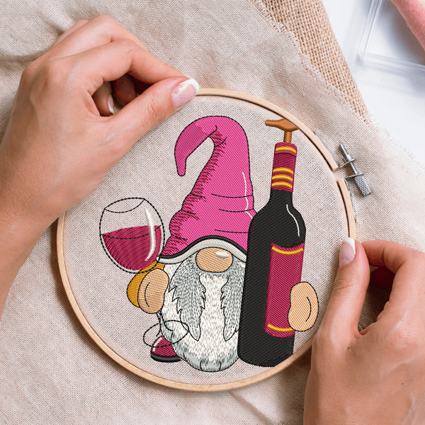 Bottle of Wine Gnome Embroidery Design