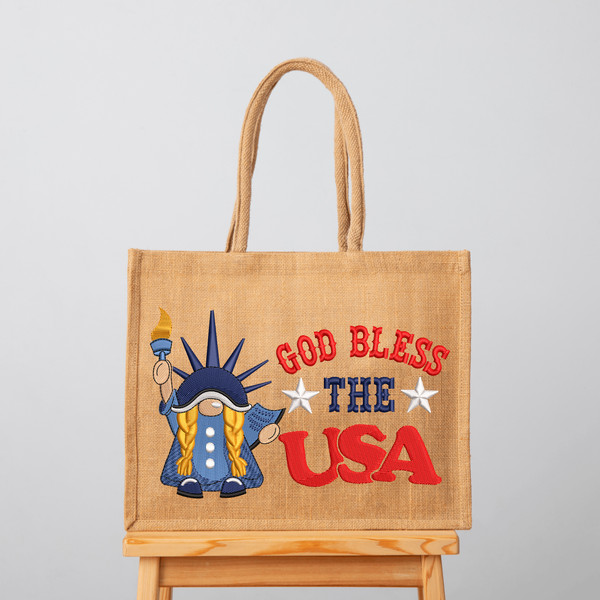 God Bless The USA Gnome Embroidery Design