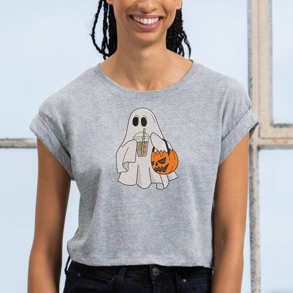 Ghost with Iced Coffee Embroidery Design