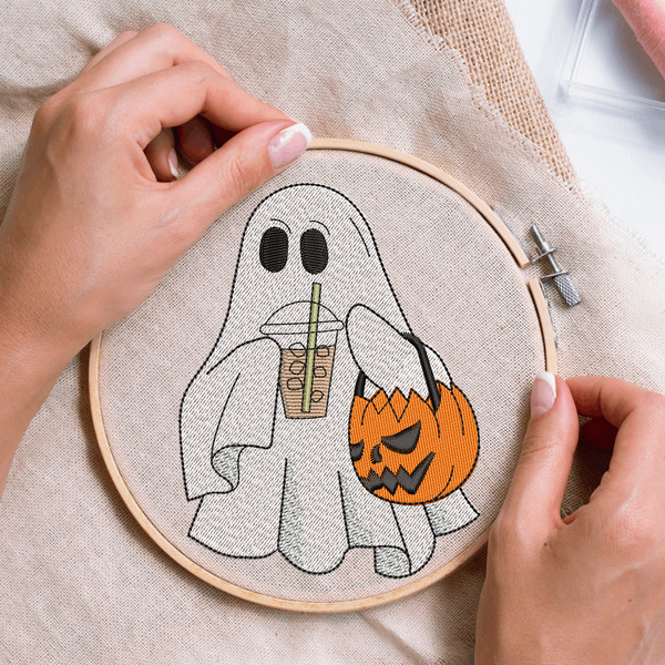 Ghost with Iced Coffee Embroidery Design