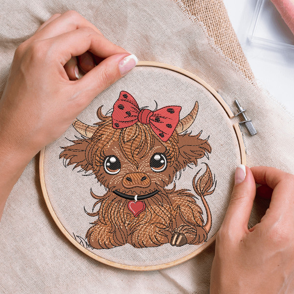 Cute Highland Baby Cow Embroidery Design