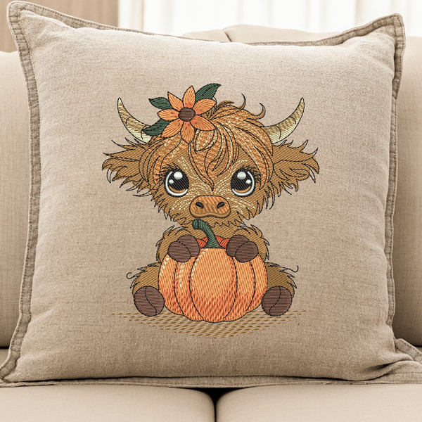 Fall Baby Highland Cow Pumpkin Embroidery Design