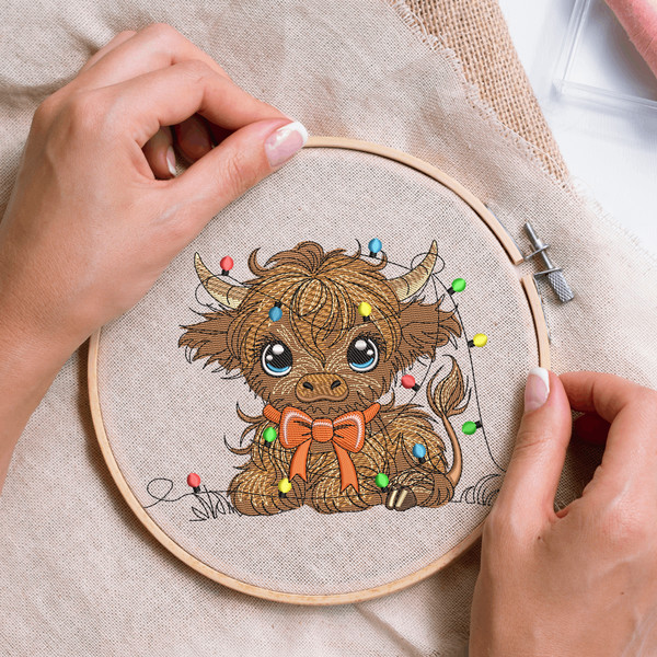 Christmas Highland Baby Cow Embroidery Design