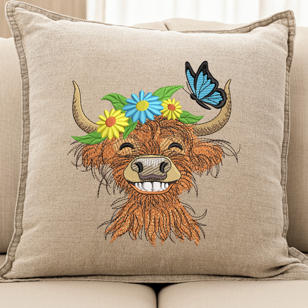 Floral Highland Cow Embroidery Design