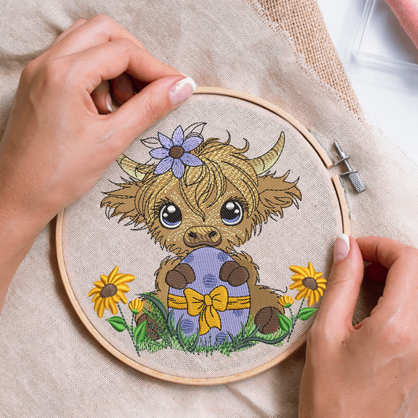 Highland Easter Baby Cow Embroidery Design