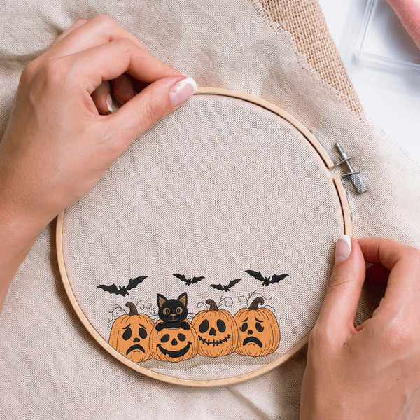 Halloween Pumpkins Black Cat Embroidery Design