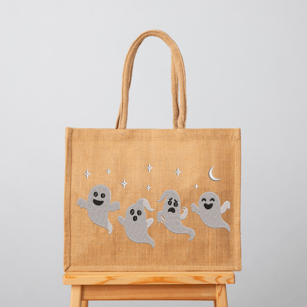 Halloween Silly Ghosts Dancing Under Crescent moon and stars