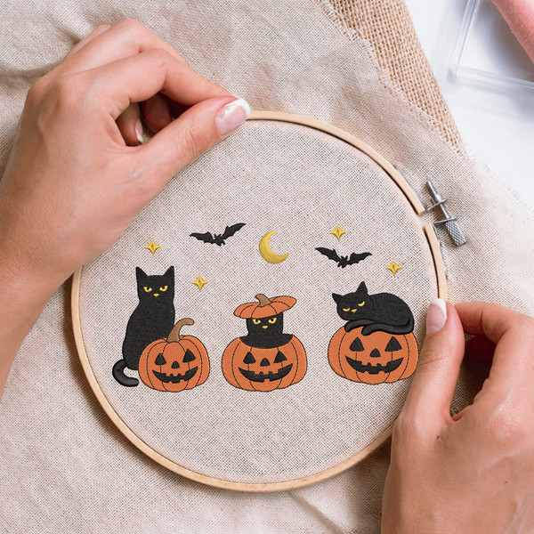 Halloween Pumpkin Cats Embroidery Design