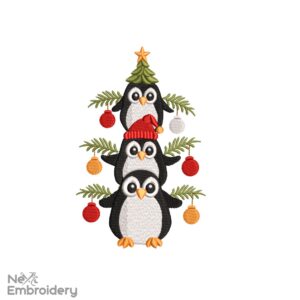 Christmas Penguins Embroidery Design ,Cute Stacked Penguins with Ornaments Machine Embroidery Pattern