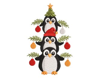 Christmas Penguins Embroidery Design ,Cute Stacked Penguins with Ornaments Machine Embroidery Pattern