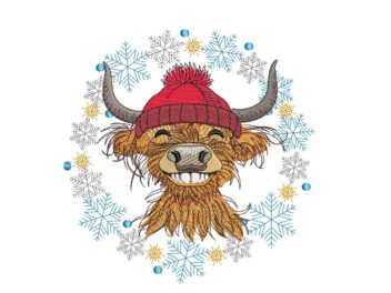 Funny Christmas Highland Baby Cow Embroidery Design. Cute Farm Animal embroidery design, Instant download