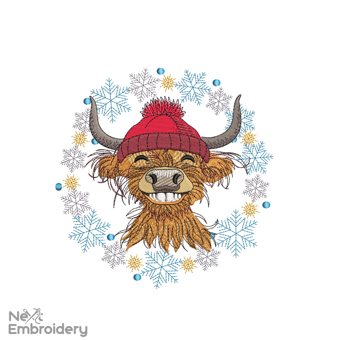Funny Christmas Highland Baby Cow Embroidery Design. Cute Farm Animal embroidery design, Instant download